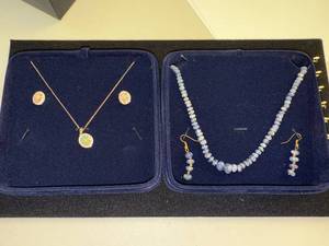 lot 208W image: Stauer Ethiopian Opal Necklace and Earring Set with Tanzanite Beaded Necklace and Earrings
