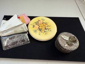 lot 223W image: Vanity Accessories Collection with Powder Compact, Rose Trinket Box, and Vintage Cases