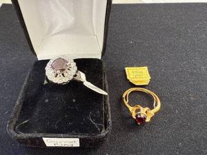 lot 244W image: Set of 2 Garnet Rings with Silver and Gold Tone Settings