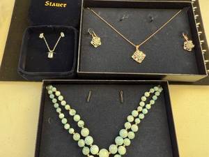 lot 248W image: Collection of 3 Jewelry Sets Aquamarine Necklaces and Earring Sets with Stauer Gold Tone Necklace and Earrings