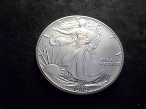 lot 21 image: 1989 Silver Eagle One Dollar 1 OZ. Fine In MS From UNC Roll.