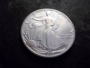 lot 23 image: 1989 Silver Eagle One Dollar 1 OZ. Fine In MS From UNC Roll.