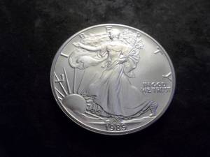 lot 27 image: 1989 Silver Eagle One Dollar 1 OZ. Fine In MS From UNC Roll.