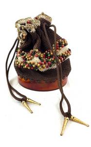 lot 37 image: Vintage Crocheted Brown Drawstring Pouch with Multicolor Bead Trim