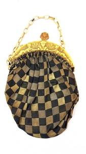 lot 38 image: Vintage Checkered Fabric Evening Handbag with Egyptian King Tut Gold-Tone Frame & Chain