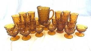 Indiana Amber Cubist Colony Whitehall Glassware Set: 8 Large Glasses & 6 Medium Glasses, Pitcher & 8 Pudding Cups