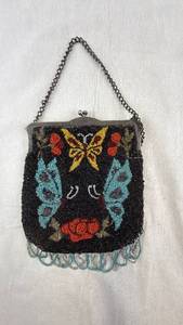 lot 60 image: Stunning Vintage Hand Beaded Butterfly & Rose Motif Evening Bag With Fringe