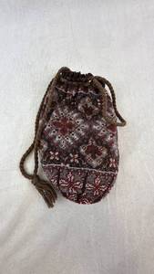 lot 64 image: Vintage Hand-Beaded Crochet Drawstring Pouch with Red Geometric Bead Pattern