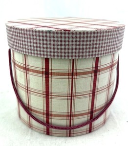 lot 85 image: Vintage Retro Round Plaid Hat Box with Rope Handle