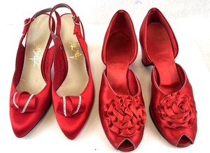 lot 117 image: Red Satin High Heels - 2 Pairs, Rosette & Rhinestone Straps.