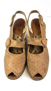 lot 124 image: Tan Perforated Suede Wedge Sandals With Buckled Ankle Strap