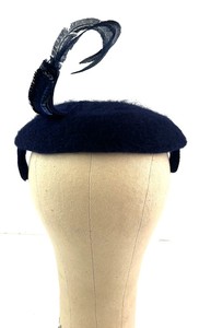 lot 135 image: Navy Wool Felt Beret with Feather Plume