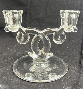 lot 198 image: Clear Glass Candelabra Two-Arm Candlestick Holder