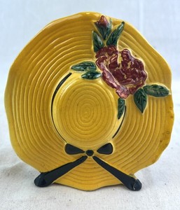 lot 207 image: Mini Yellow Ceramic Hat Planter with Rose Accent & Stand