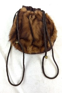 Brown Fur Drawstring Pouch Bag with Satin Interior