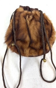 Brown Fur Drawstring Pouch Bag with Satin Interior