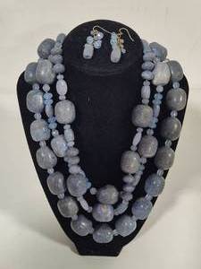 925 Barse Triple Strand Blue Lapiz Beaded Necklace & Matching Earrings