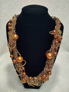 lot 59 image: You & I Multi-Strand Crocheted Bronze & Gold Tone Beaded Necklace & Earrings Set