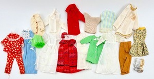 lot 18 image: Vintage Doll Clothes Lot & Accessories Daisy Print Red Set & Lace Dresses including Barbie