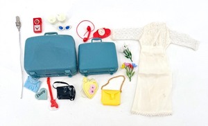 lot 21 image: Four Teal Dollhouse Suitcases & Mini Accessories Lot including Barbie