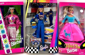 lot 79 image: Barbie Collectibles Lot including Native American Barbie, NASCAR 50th Anniversary Barbie, Fifties Fun Barbie