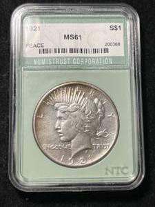 1921 US PEACE SILVER DOLLAR NTC MS61