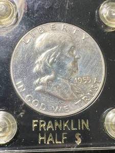 lot 28 image: 1955 US PROOF FRANKLIN HALF DOLLAR IN CASE