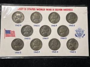 lot 64 image: US SILVER WAR NICKELS 11 COIN SET