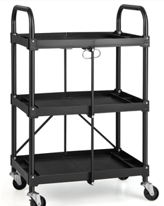 lot 204 image: Generic Nightcore Folding Utility Cart, 3-Tier Food Service Cart wLockable Wheels, 330LBS Capacity, Heavy-Duty Metal Frame Collapsible Utility Cart, Rolling Tool Cart for Home Garage 24D x 38.5W x 16H