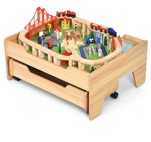 lot 206 image: Costway Childrens Wooden Railway Set Table with 100 Pieces Storage Drawers