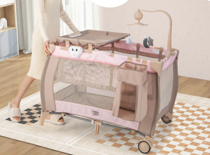 lot 216 image: CostwayPortable Baby Playard Nursery Center Crib with Hanging Toys & Music Box Unisex 0-3 Years