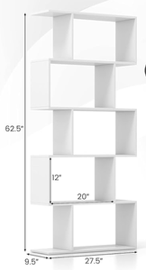 lot 418 image: SILKYDRY  5 Tier Geometric Bookcase, S Shaped Bookshelf, Modern Decorative Storage Shelving, 62.5 Tall Staggered Display Book Shelf for Living Room 9.5D x 27.5W x 62.5H (White) ( Attempted To Assemble, Maybe Missing Hardwear)