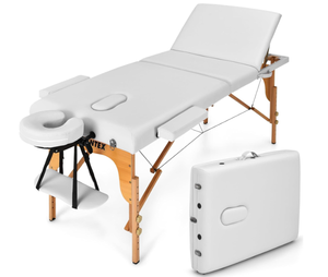 lot 24 image: Giantex 84inch Folding Massage Table Lash Bed, Portable 3 Sections Spa Salon Tattoo Bed with Face Cradle Armrests Wooden Legs, Professional Massage Bed Height Adjustable with Carry Case (White)