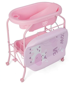 lot 64 image: BABY JOY Baby Bathtub with Changing Table, Foldable Infant Diaper Changing Station with Storage Tray, Waterproof Pad, Portable Newborn Nursery Organizer Bath Stand with 4 Universal Wheels (Pink)