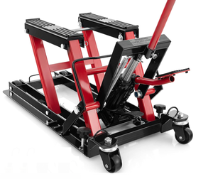 lot 67 image: Toolsempire Hydraulic Motorcycle Lift Jack, 1500 LBS Motorcycle Scissor Jack with 4 Wheels & Handle, Foot-Operated Scissor Lift Jack Stand for ATV & Dirt Bikes (Red)