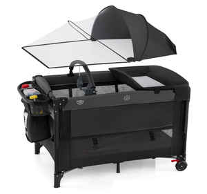 lot 68 image: BABY JOY 5-in-1 Pack and Play with Canopy, 4 Adjustable Heights Baby Bedside Sleeper wBassinet, U-Shaped Diaper Changer, Safety Strap, Side Zipper, Portable Bedside Playard from Newborn to Toddlers