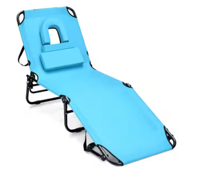 lot 109 image: Clihome Metal Foldable Tanning Lounge Beach Chair in Turquoise with Face Hole and 5-Position Adjustable Backrest