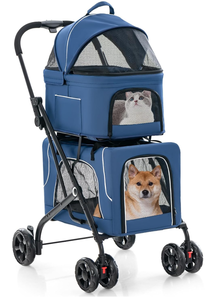 lot 269 image: Giantex Double Dog Stroller for 2 Dogs, Detachable Carriers, Safety Belt, 4 Lockable Wheels, Pet Travel Carrier Strolling Cart, Folding Cat Stroller for Small Medium Pets Dogs (Blue)