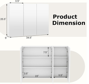 lot 277 image: Tangkula Mirrored Medicine Cabinet, Large Wide Wall Mounted Storage Cabinet with 3 Mirror Doors & Adjustable Shelf, Hanging Bathroom Organizer, White, 34.5 x 5 x 25.5 Inches