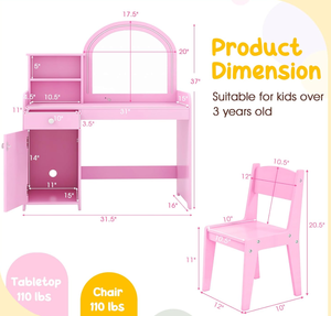 lot 421 image: Costzon Kids Vanity, Girls Vanity Set with Mirror and Stool and Lights, Makeup Vanity Desk with Lights, Drawer & Storage Cabinet, Wooden Dressing Table, Vanity Table and Chair Set (Pink)