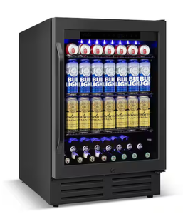 lot 5 image: Hooure 24 in. 180 (12 oz.) Can Built-inFreestanding Beverage Cooler Fridge with Adjustable Shelves in Black (Transit Damage)