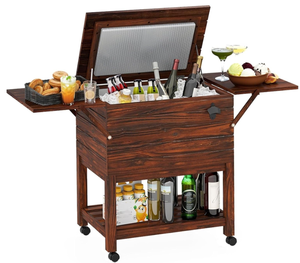 lot 39 image: Giantex 54 Quart Wooden Patio Cooler Cart with Wheels, Outdoor Rolling Ice Chest with Foldable Side Shelves, Bottle Opener & Bottom Storage (Slightly Used, Maybe Missing Hardware.  Attempted To Assemble)