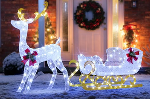 lot 93 image: Tangkula 6 FT Christmas Lighted Reindeer & Santas Sleigh, Xmas Lighted Outdoor Yard Decoration with 215 LED Lights & 4 Ground Stakes, Artificial Christmas Dcor for Indoor & Outdoor (Cold White)