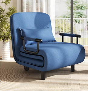 lot 95 image: Moccha Folding Convertible Sofa Bed, Arm Chair with 5-Position Adjustable Backrest, Pillow, Support Metal Legs & Lockable Wheels, Modern Sleeper Bed Chaise Lounge for Home Office Living Room, Blue (Slightly Used)