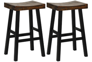 lot 96 image: COSTWAY Wooden Saddle Stools Set of 2, 29-inch Bar Height Stools with Curved Seat Surface, Rubber Wood, Acacia Wood, Footrests, Kitchen Island Counter Stools for Restaurant Cafe Pub, BrownBlack