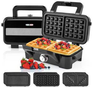 lot 127 image: BECOMFORT 3 in 1 Waffle Maker, Sandwich Press w3 Removable Non-stick Plates, Indicator Lights, Cool Touch Handle, Sandwich Maker & Panini Press w5-gear Temperature Control for Breakfast Steak