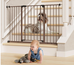 lot 150 image: InnoTruth 28.9-42.1 Baby Gate for Doorways, 30 Tall Extra Wide Doggy Gates for Stairs One-Hand Opening, Easy Walk Thru Dual Lock Dog Gates for The House, Kitchen, Balcony, Easy Install Kid Gate,Brown