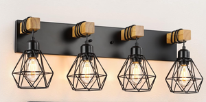 lot 161 image: Maesta 4-Light Farmhouse Bathroom Vanity Light Fixtures, Wood Bathroom Light Fixtures Over Mirror, Rustic Sconces Wall Lighting with Elegant Metal Lampshade for Living Room, Bedroom, Hallway 9.8L x 7.1W x 28.6H