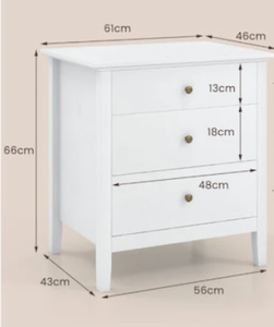 lot 163 image: Costway High Quality Bedside Table 56 x 45 x 66 with Spacious Surface and 3 Deep Drawers HU11076WH (Maybe Missing Hardware)