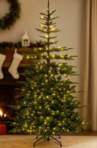 lot 194 image: BreeBe - 7FT Prelit Holiday Tree  Hinged Construction with 1303 Branch Ends - Green (Lights Not Functioning)